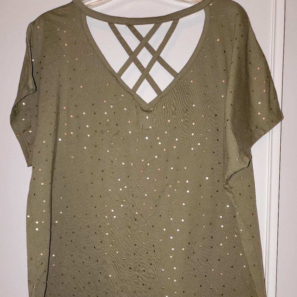 Lane Bryant blouses olive green, pink.